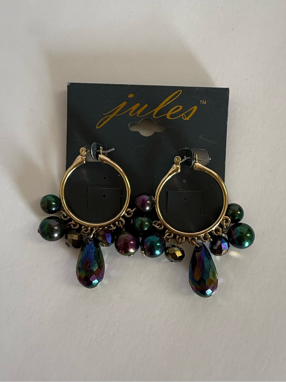 Vintage Jules Gold Hoop Earrings with Multicolor Iridescent Beads